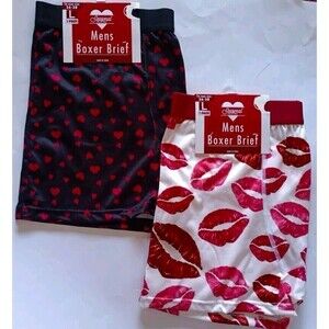 Valentines Boxer Briefs Mens Size Large Lot Of 2  Red Hearts Lips All Over Print
